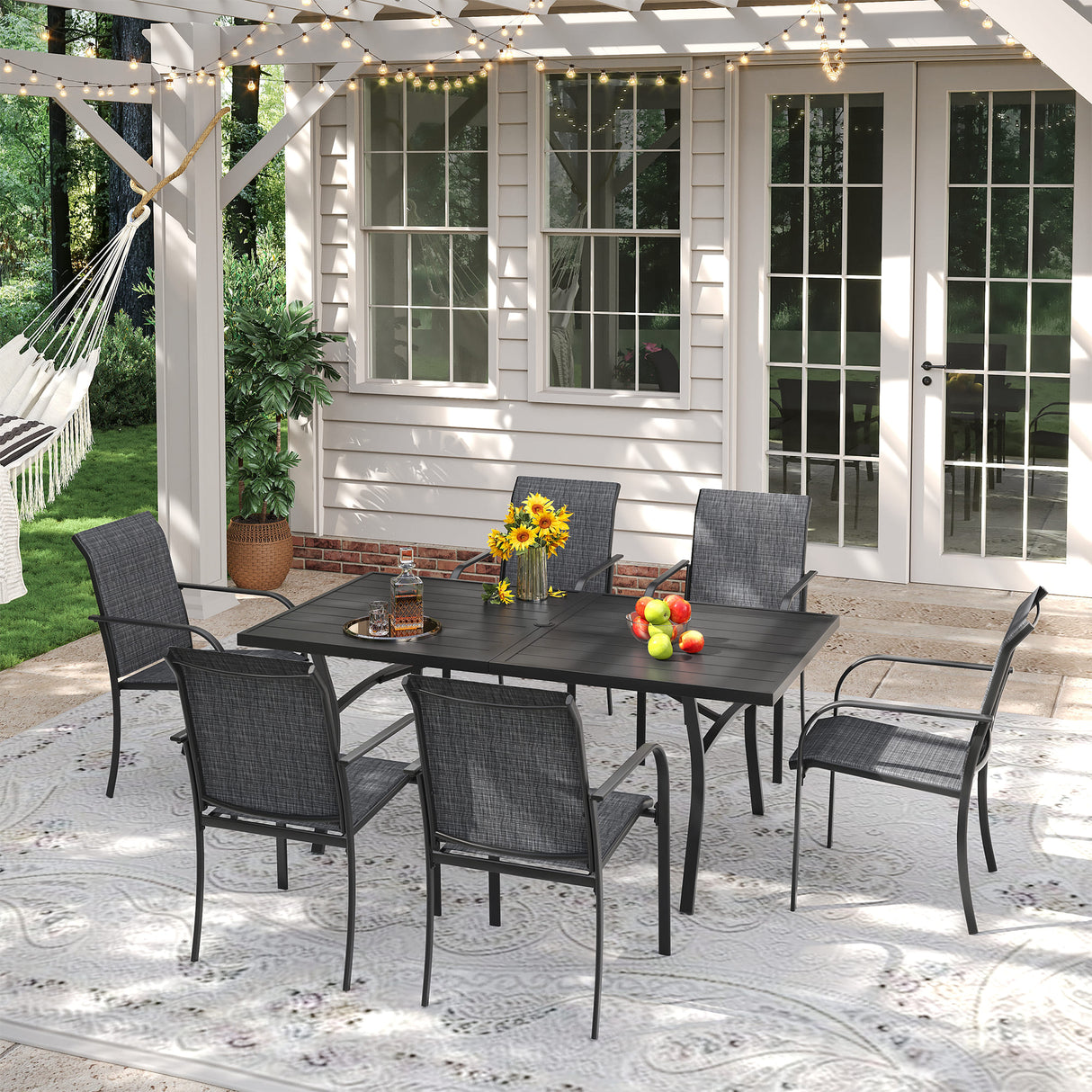 VICLLAX Patio 7 Pieces Outdoor Dining Set, 63" Rectangular Metal Dining Table and Stackable Sling Dining Chair with Armrest