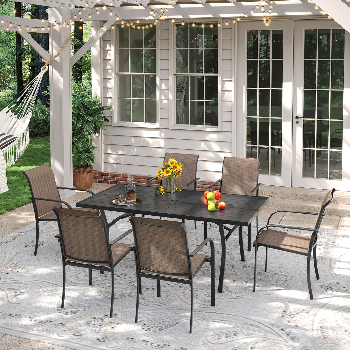 VICLLAX Patio 7 Pieces Outdoor Dining Set, 63" Rectangular Metal Dining Table and Stackable Sling Dining Chair with Armrest