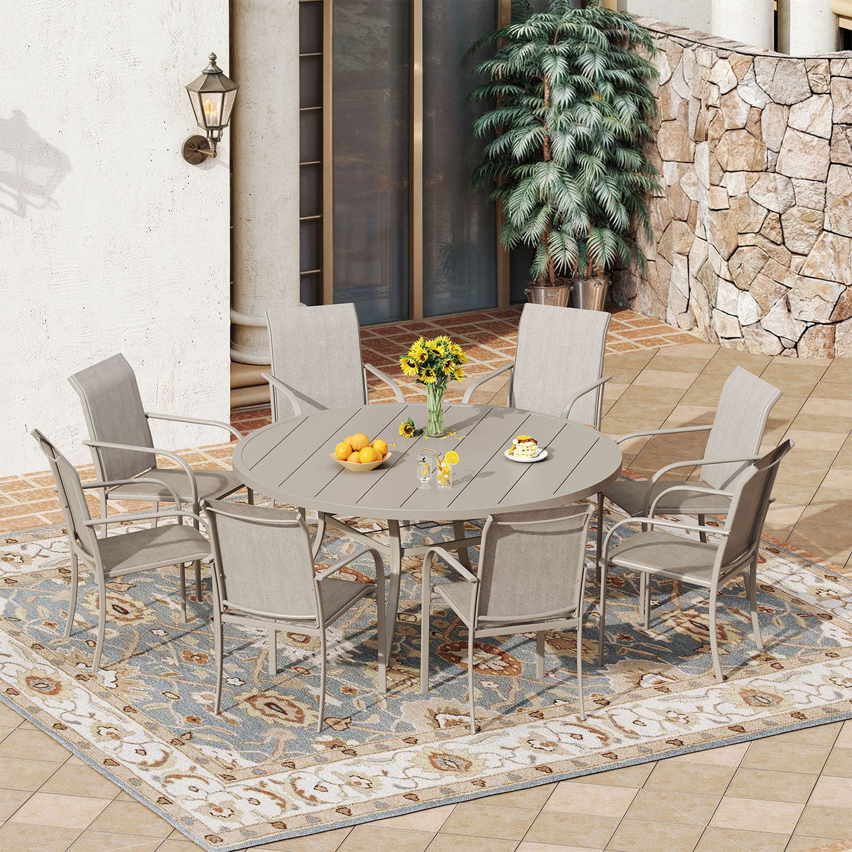 Vicllax 9-Piece Outdoor Dining Set with Patio Round Metal Table and Stackable Sling Chairs