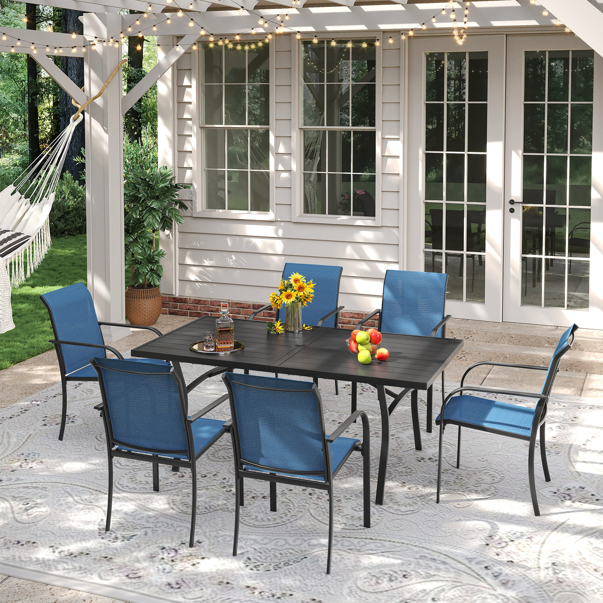 VICLLAX Patio 7 Pieces Outdoor Dining Set, 63" Rectangular Metal Dining Table and Stackable Sling Dining Chair with Armrest