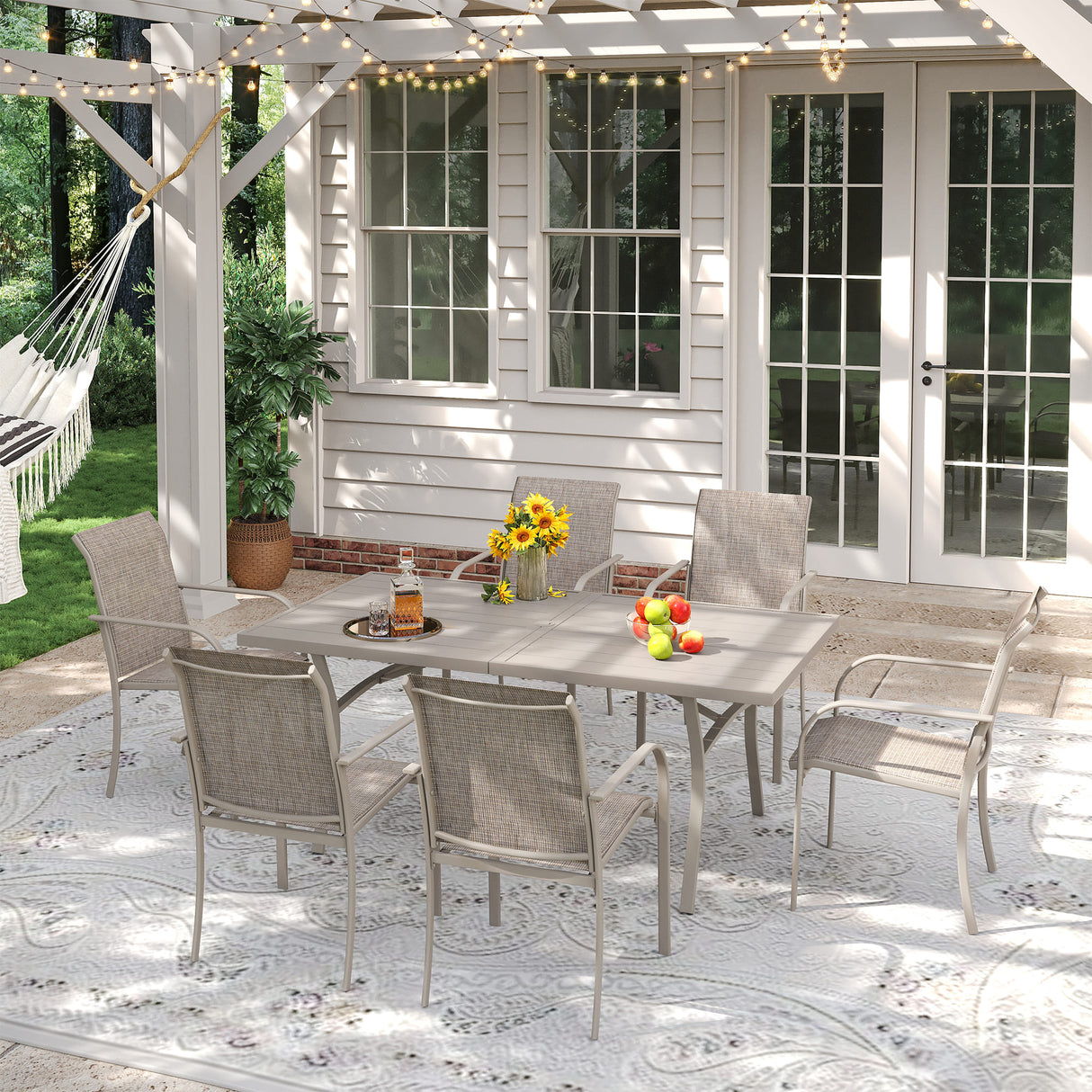 VICLLAX Patio 7 Pieces Outdoor Dining Set, 63" Rectangular Metal Dining Table and Stackable Sling Dining Chair with Armrest