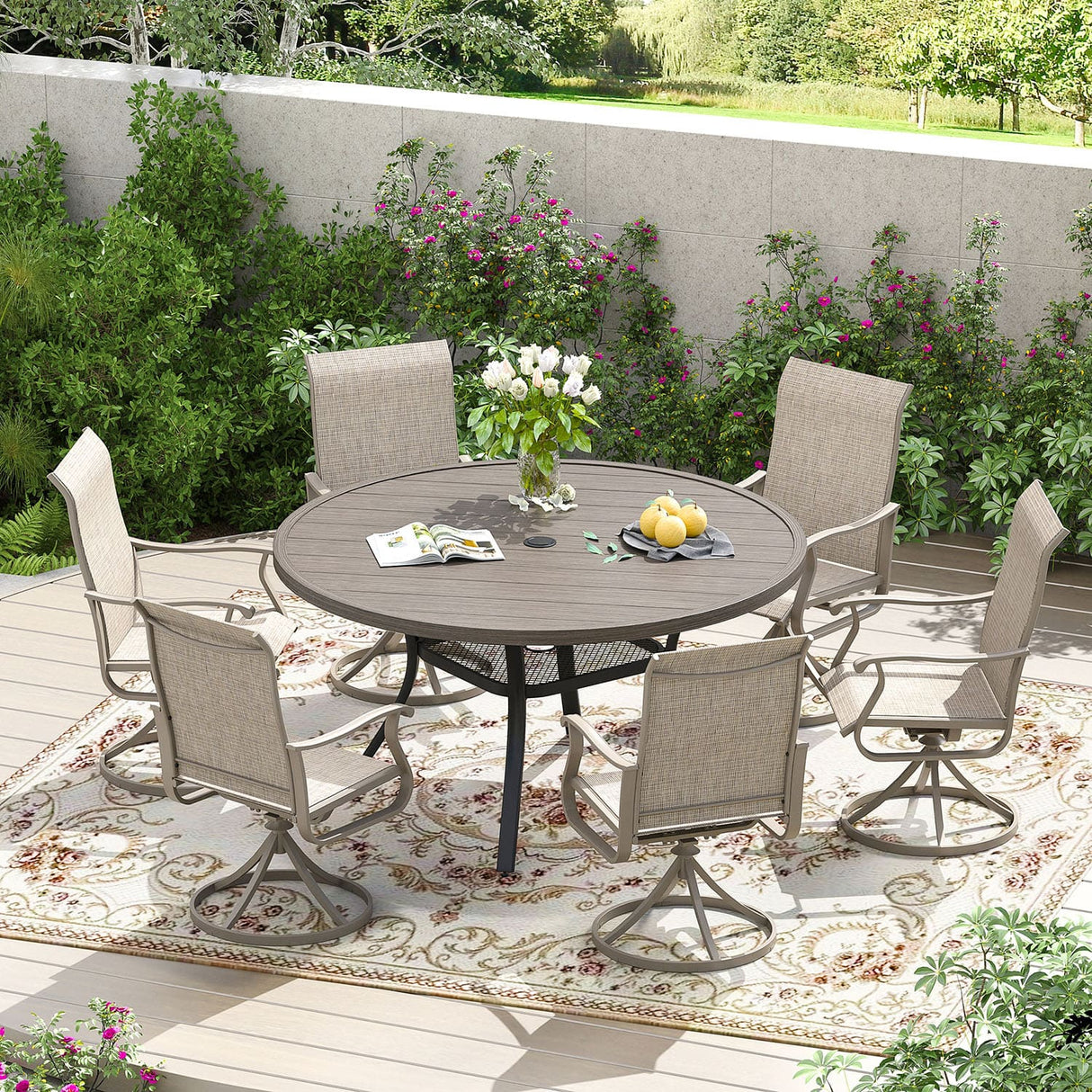 Vicllax 7 pcs Outdoor Dining Set, Metal Round Dining Table and Premium Swivel Chairs