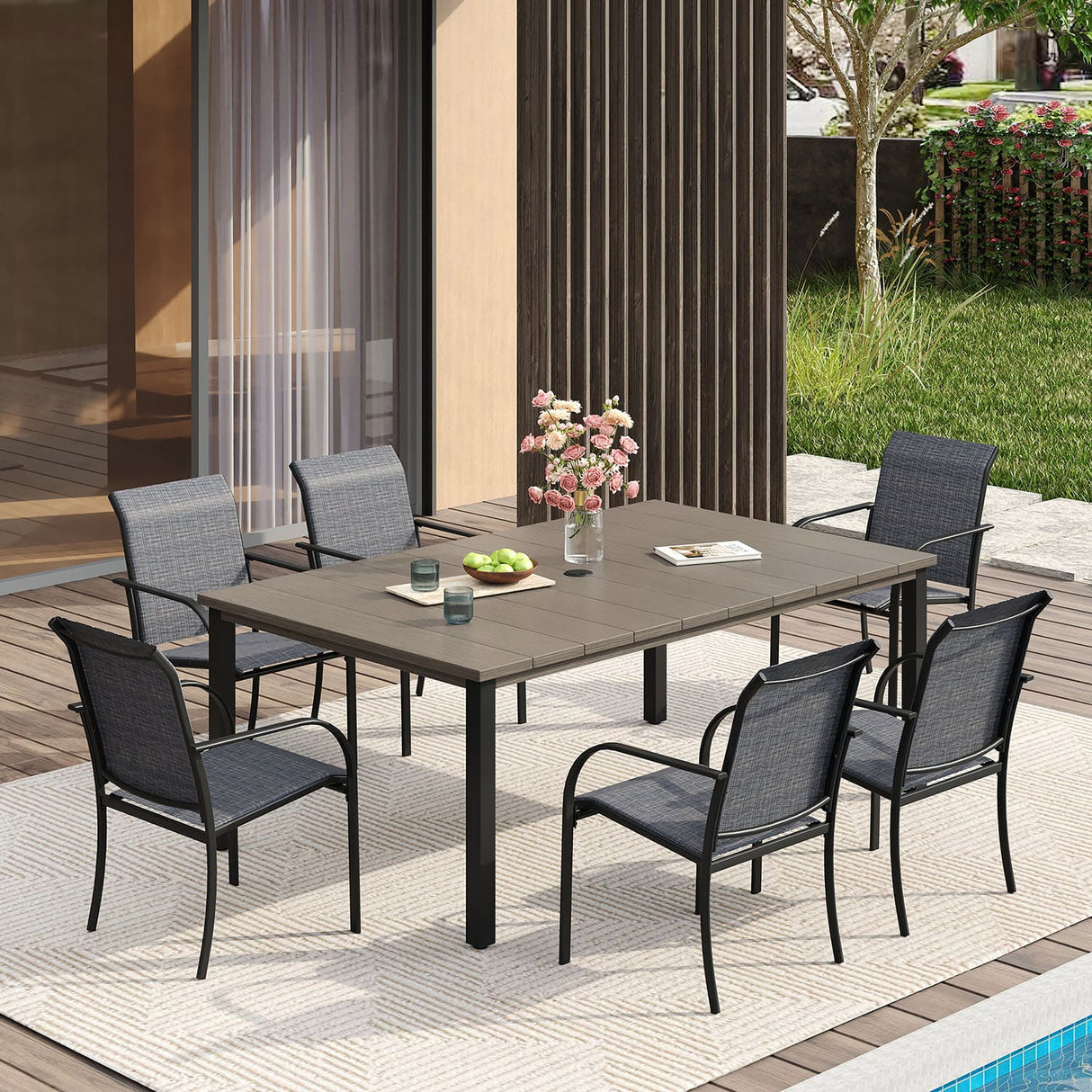 Vicllax 7 Pieces Outdoor Dining Set with Metal Rectangular Table and Stackable Sling Chair