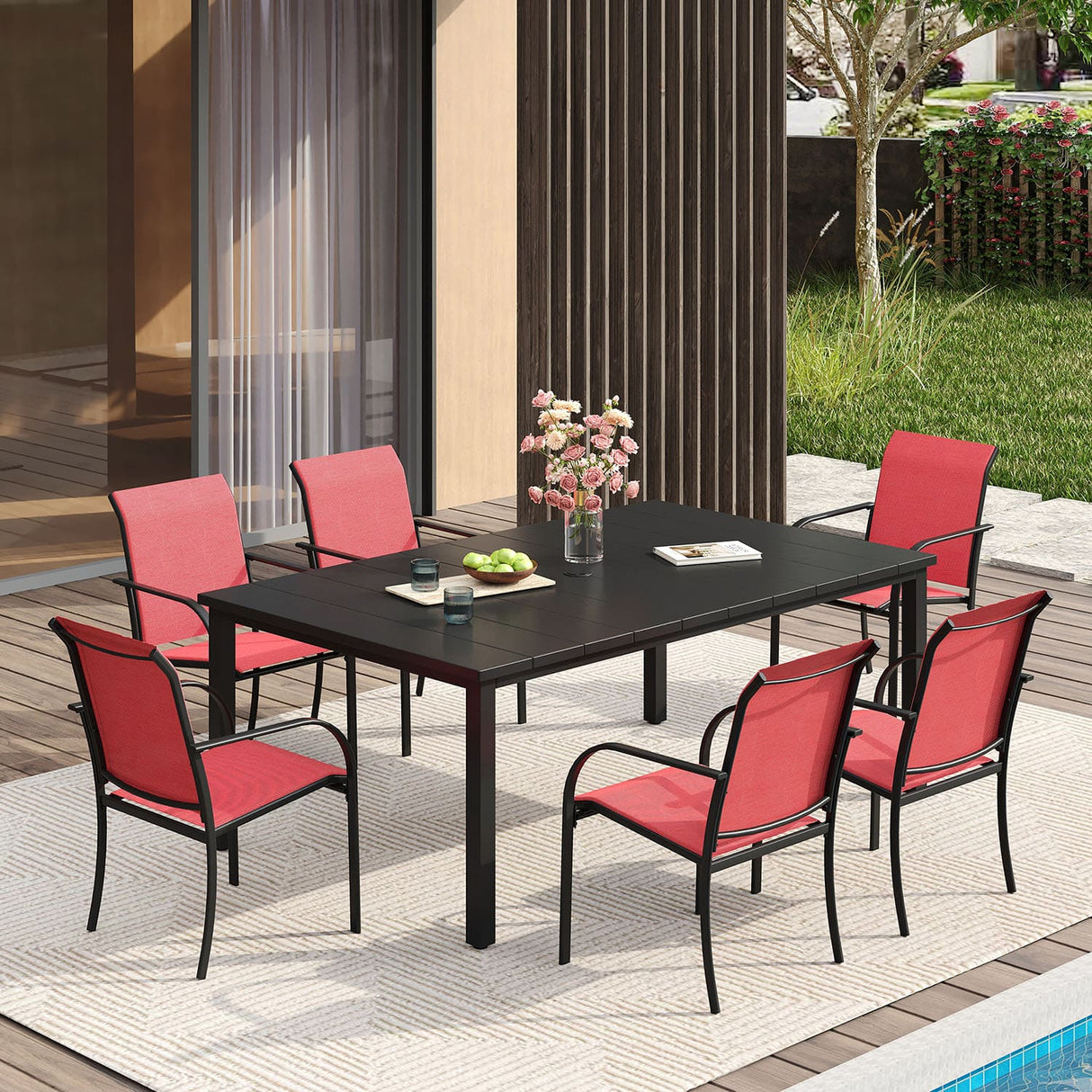 Vicllax 7 Pieces Outdoor Dining Set with Metal Rectangular Table and Stackable Sling Chair