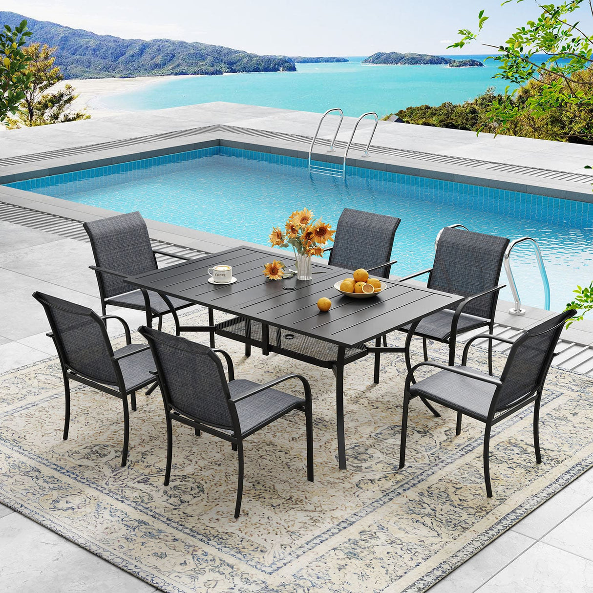 Vicllax 7 Pieces Outdoor Dining Set with Curved Dining Table and Stackable Sling Chair