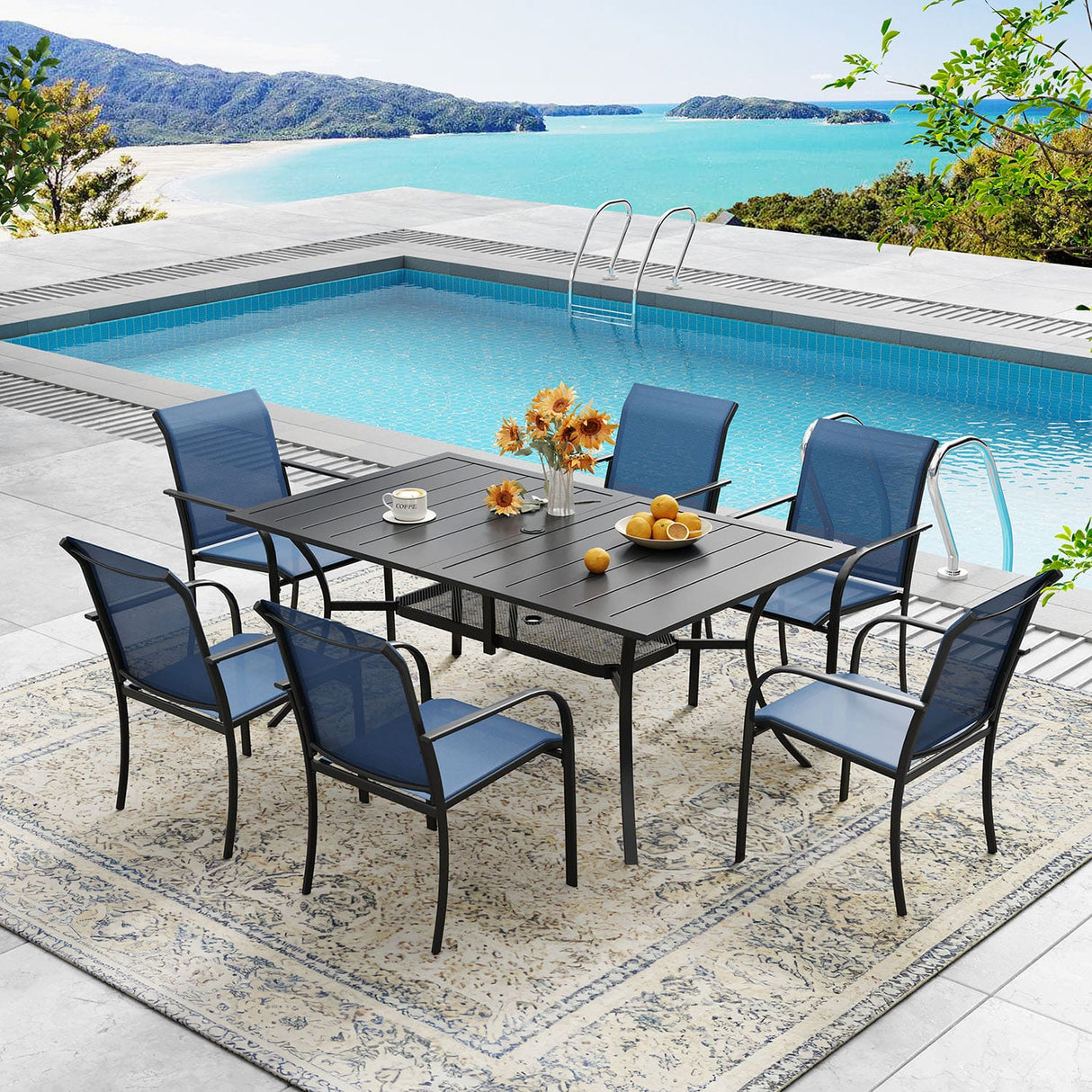 Vicllax 7 Pieces Outdoor Dining Set with Curved Dining Table and Stackable Sling Chair
