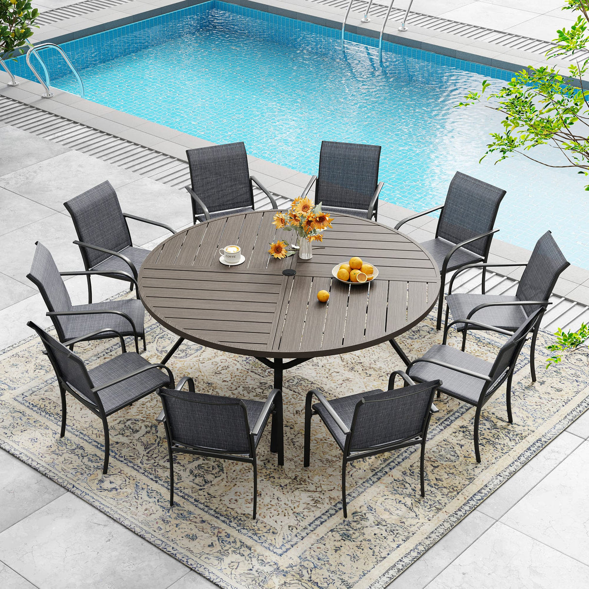 VICLLAX 7/9/11 PCS Patio Dining Table Set, Round Metal Table and Stackable Sling Chair