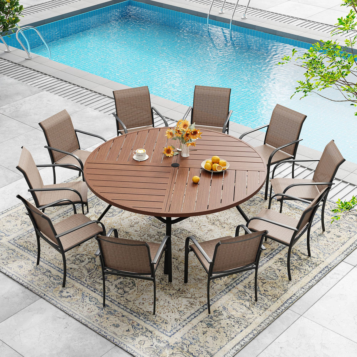 VICLLAX 7/9/11 PCS Patio Dining Table Set, Round Metal Table and Stackable Sling Chair