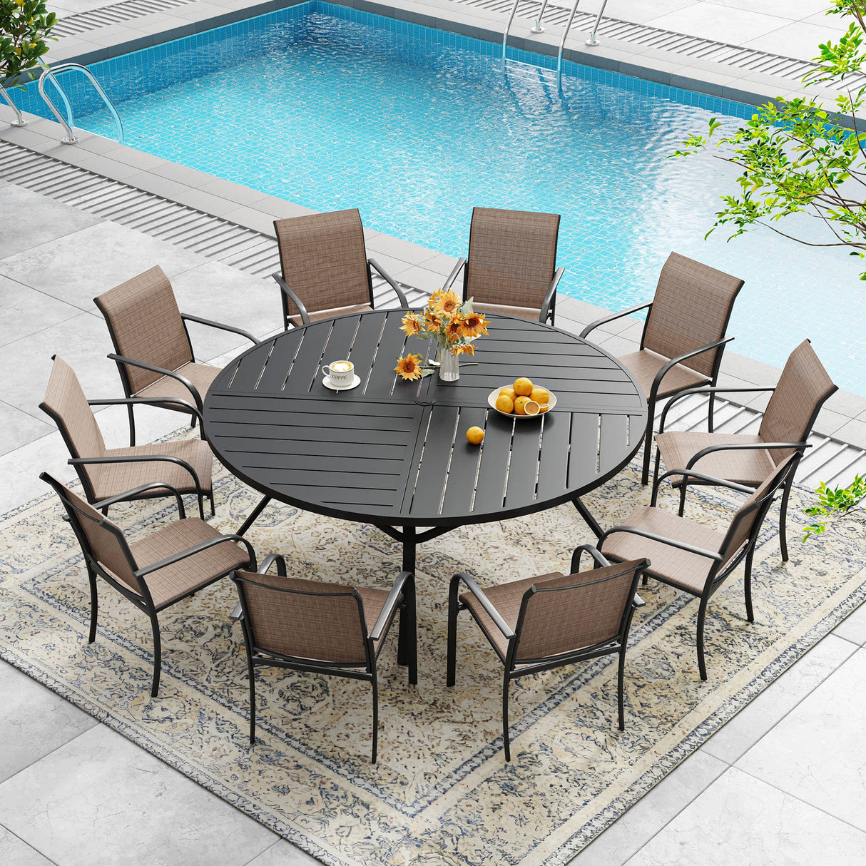 VICLLAX 7/9/11 PCS Patio Dining Table Set, Round Metal Table and Stackable Sling Chair