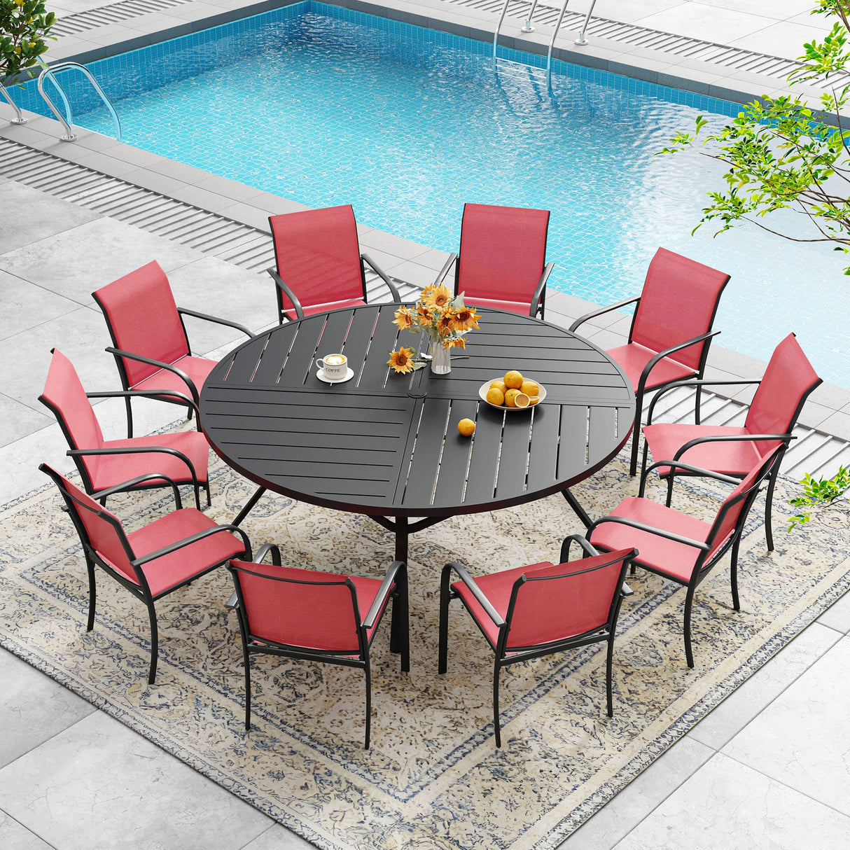 VICLLAX 7/9/11 PCS Patio Dining Table Set, Round Metal Table and Stackable Sling Chair