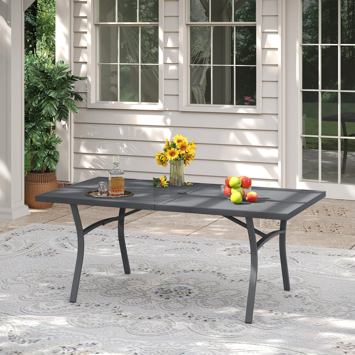 VICLLAX Patio 7 Pieces Outdoor Dining Set, 63" Rectangular Metal Dining Table and 6 Stackable Chairs for Lawn