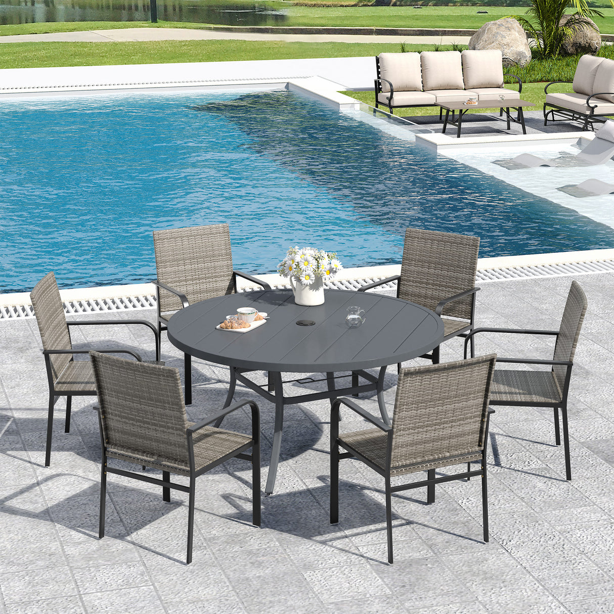 Vicllax Willow Circle 5/7 Pieces Wicker Dining Set, Round Metal Table and Wicker Armchairs