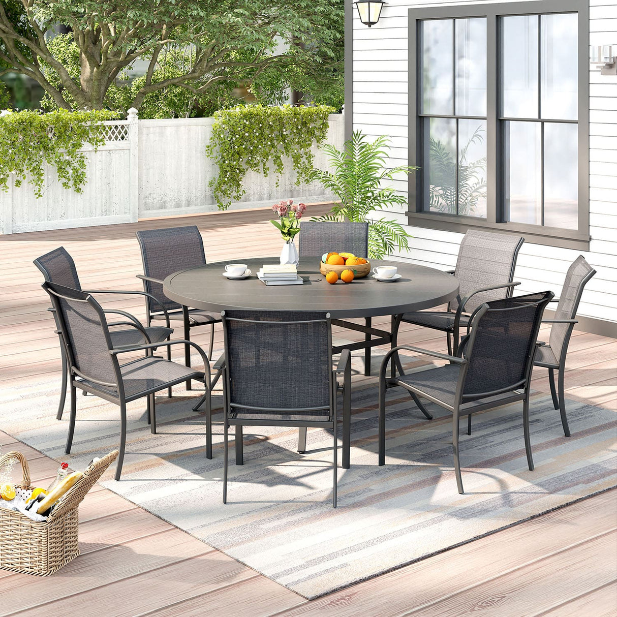 Vicllax 9-Piece Outdoor Dining Set with Patio Round Metal Table and Stackable Sling Chairs