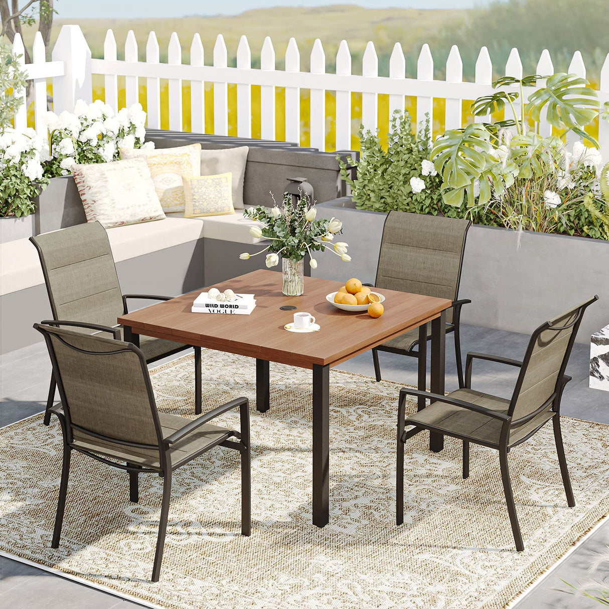 Vicllax 5 Pieces Outdoor Dining Set with 40" Square Table and Padded Stackable Chairs