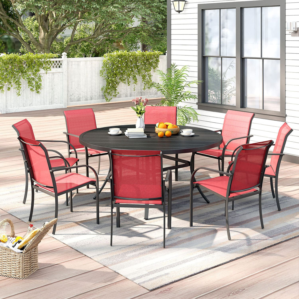 Vicllax 9-Piece Outdoor Dining Set with Patio Round Metal Table and Stackable Sling Chairs