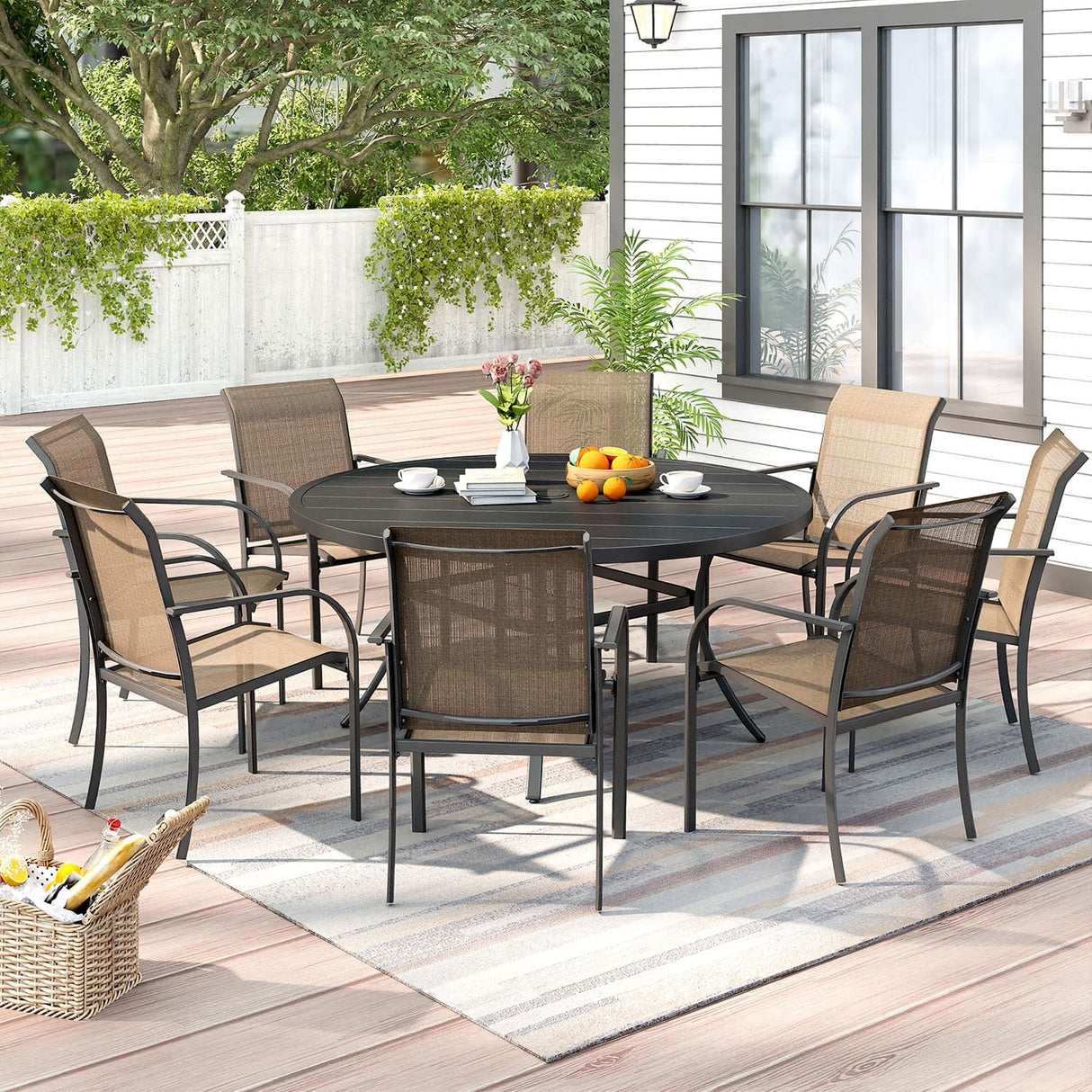 Vicllax 9-Piece Outdoor Dining Set with Patio Round Metal Table and Stackable Sling Chairs