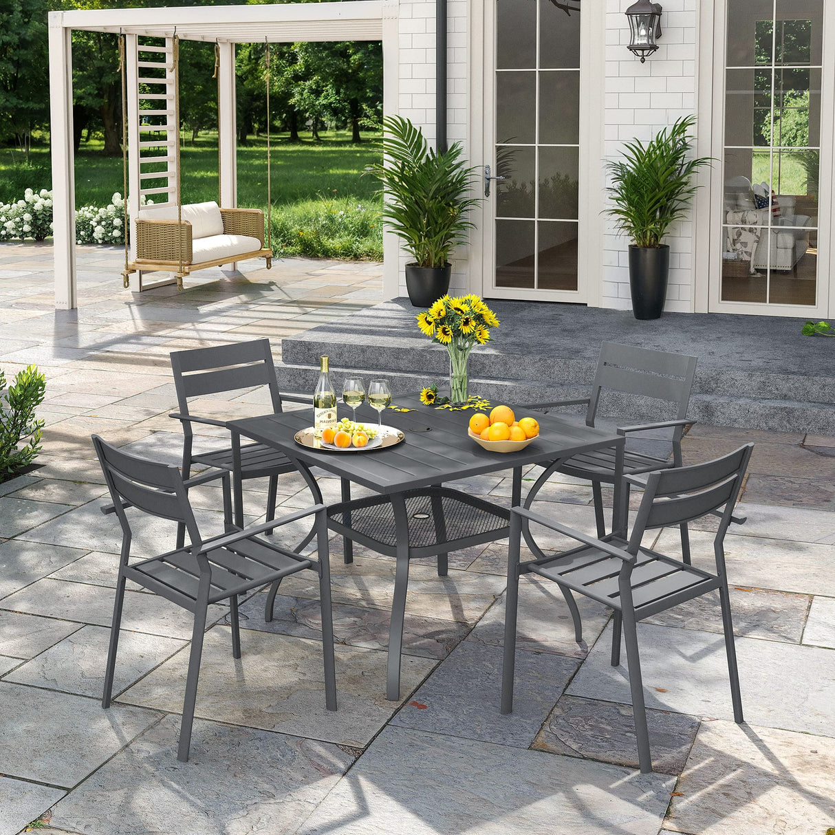 VICLLAX Patio 5 Pieces Outdoor Dining Set for 4, 37.8" Outdoor Square Table and Metal Stackable Chair