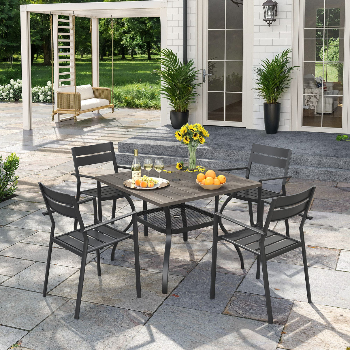 VICLLAX Patio 5 Pieces Outdoor Dining Set for 4, 37.8" Outdoor Square Table and Metal Stackable Chair
