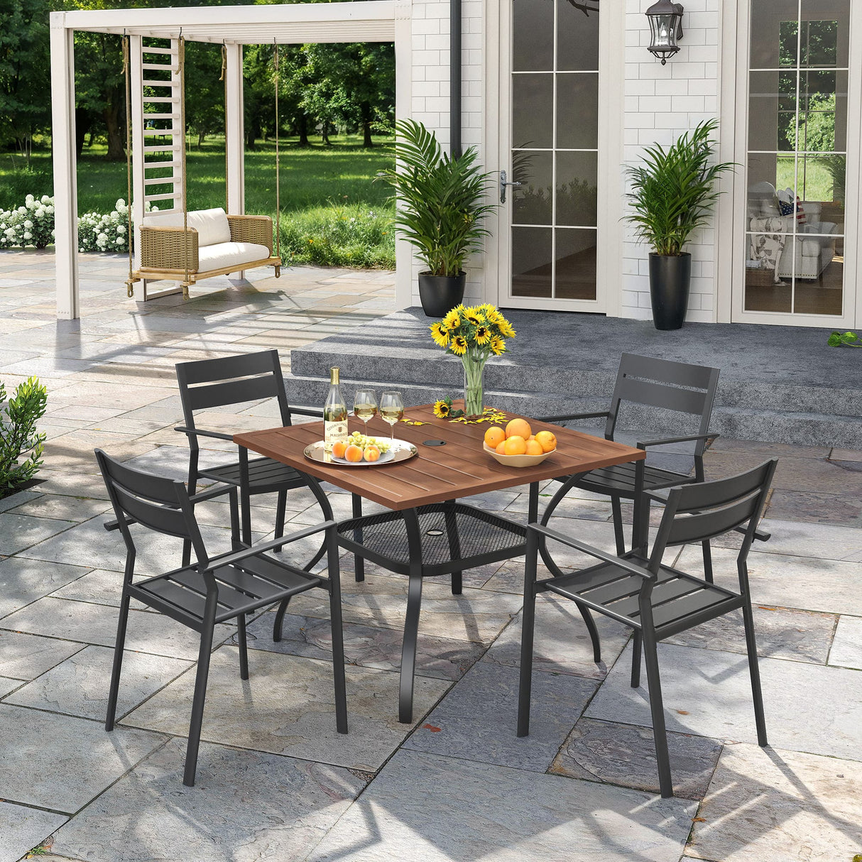 VICLLAX Patio 5 Pieces Outdoor Dining Set for 4, 37.8" Outdoor Square Table and Metal Stackable Chair