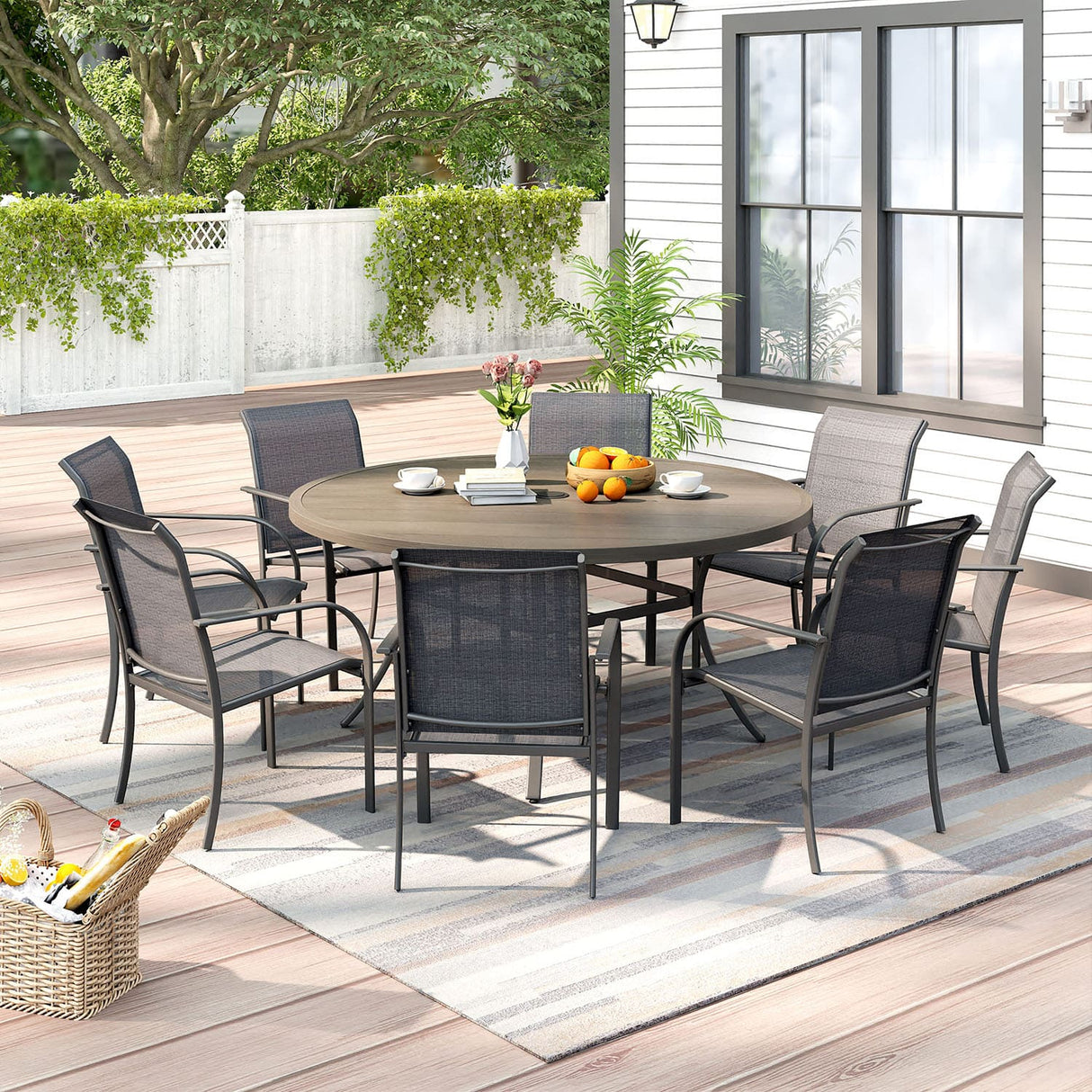 Vicllax 9-Piece Outdoor Dining Set with Patio Round Metal Table and Stackable Sling Chairs