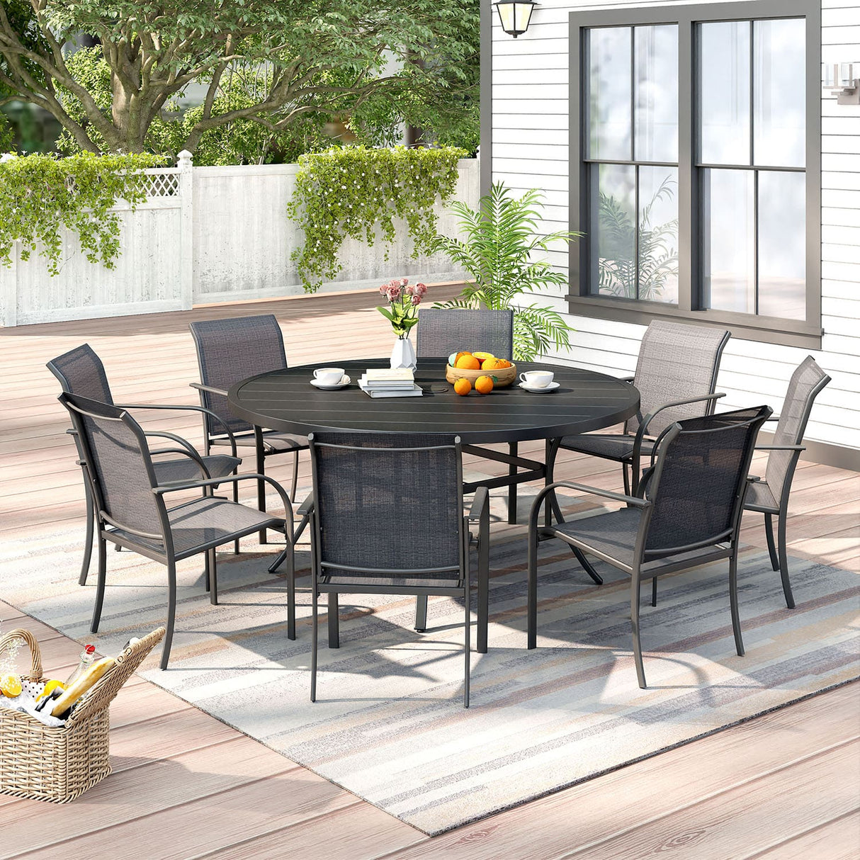 Vicllax 9-Piece Outdoor Dining Set with Patio Round Metal Table and Stackable Sling Chairs