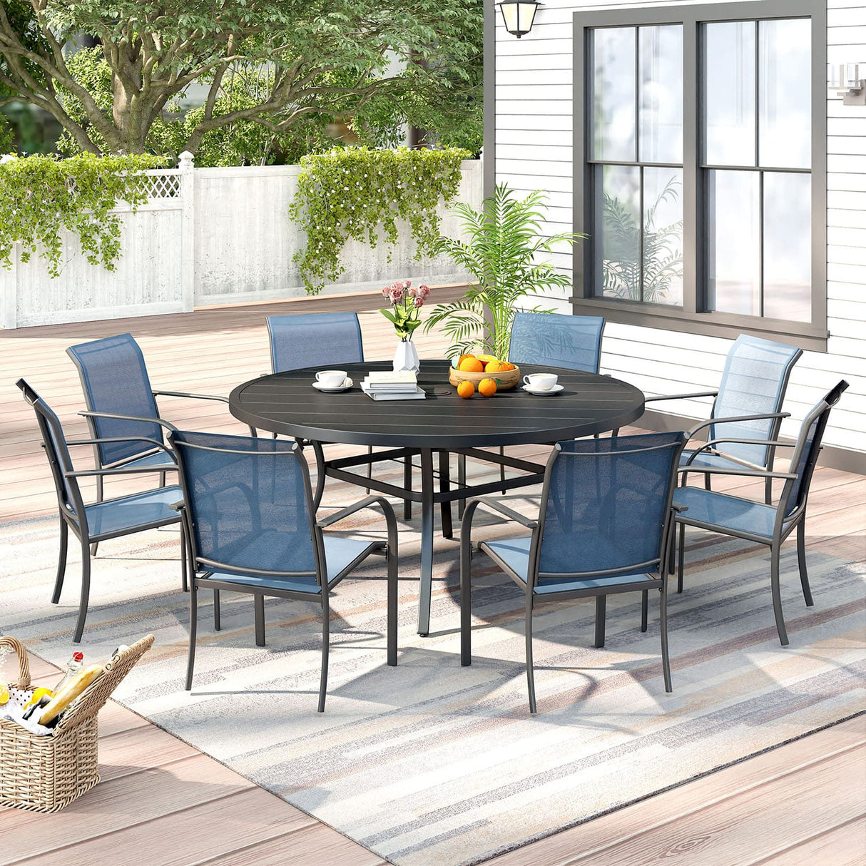 Vicllax 9-Piece Outdoor Dining Set with Patio Round Metal Table and Stackable Sling Chairs