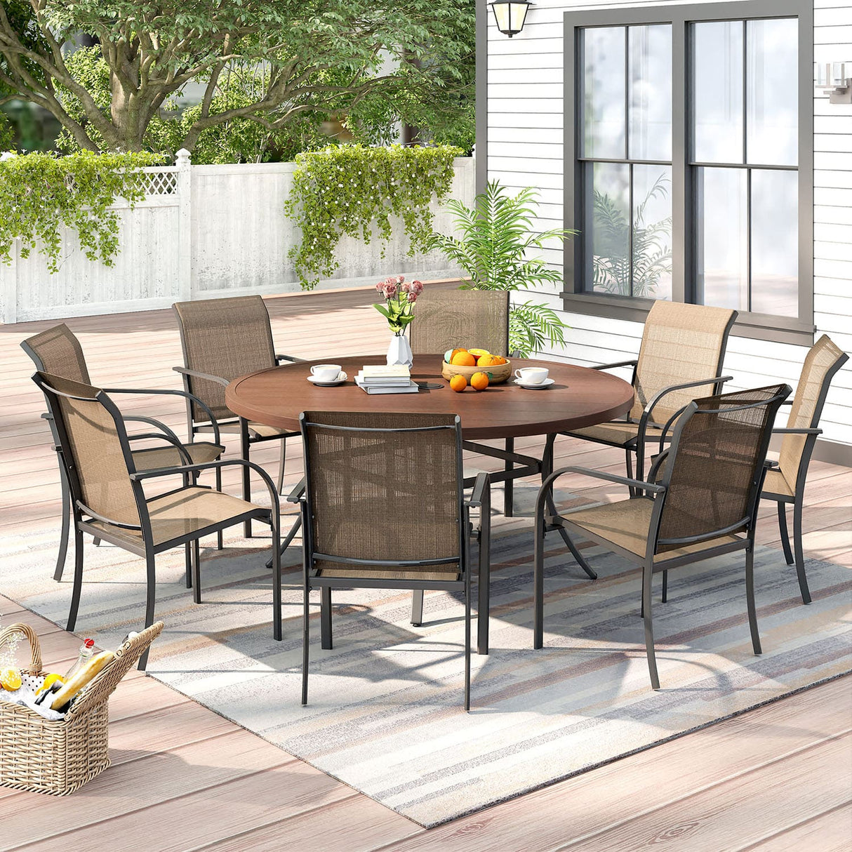 Vicllax 9-Piece Outdoor Dining Set with Patio Round Metal Table and Stackable Sling Chairs