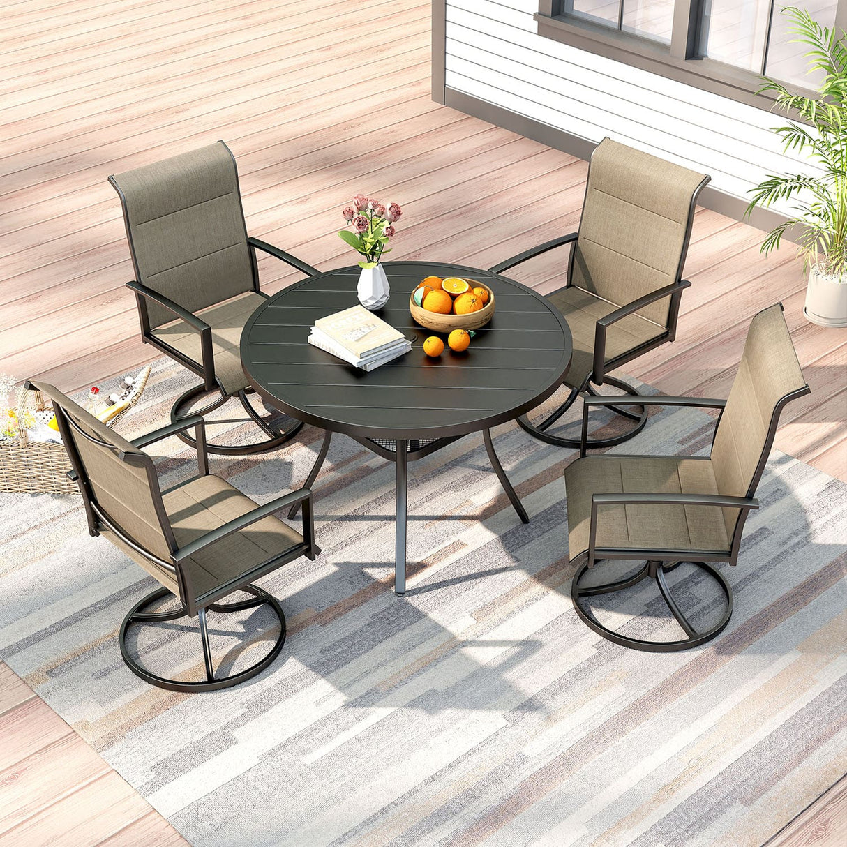 Vicllax 5-Piece Outdoor Dining Set, 42" Round Metal Table and Padded Swivel Chairs