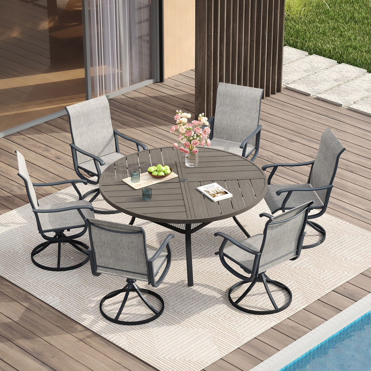 Vicllax 7 Pieces Outdoor Dining Set, 53.1" Metal Round Dining Table and Premium Swivel Chairs