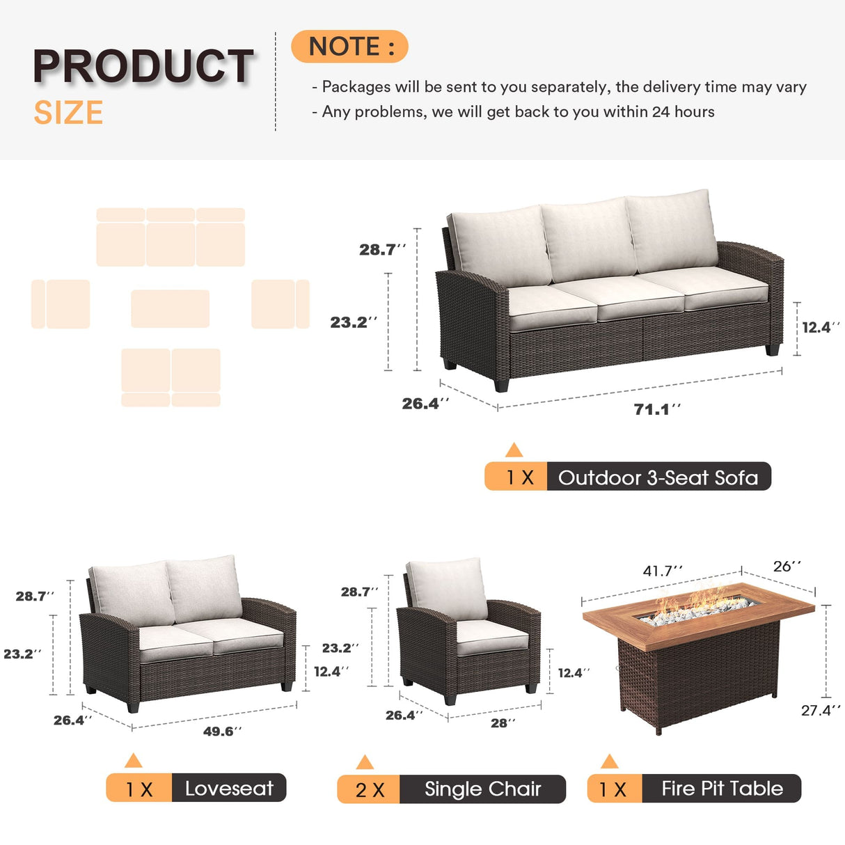 Vicllax Patio Furniture Set, Wicker Outdoor Conversation Set with Cushioned Sofa Chairs Fire Pit Table and Ottomans