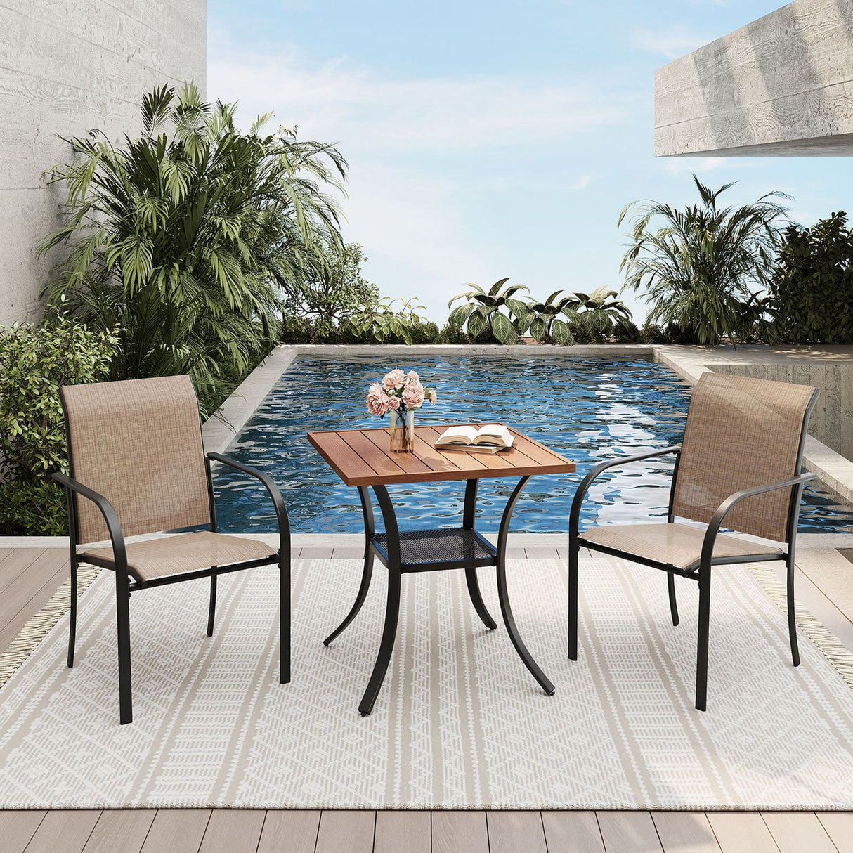 Vicllax 3-Piece Patio Bistro Set, Outdoor Stackable Sling Chairs and Black Metal Square Table