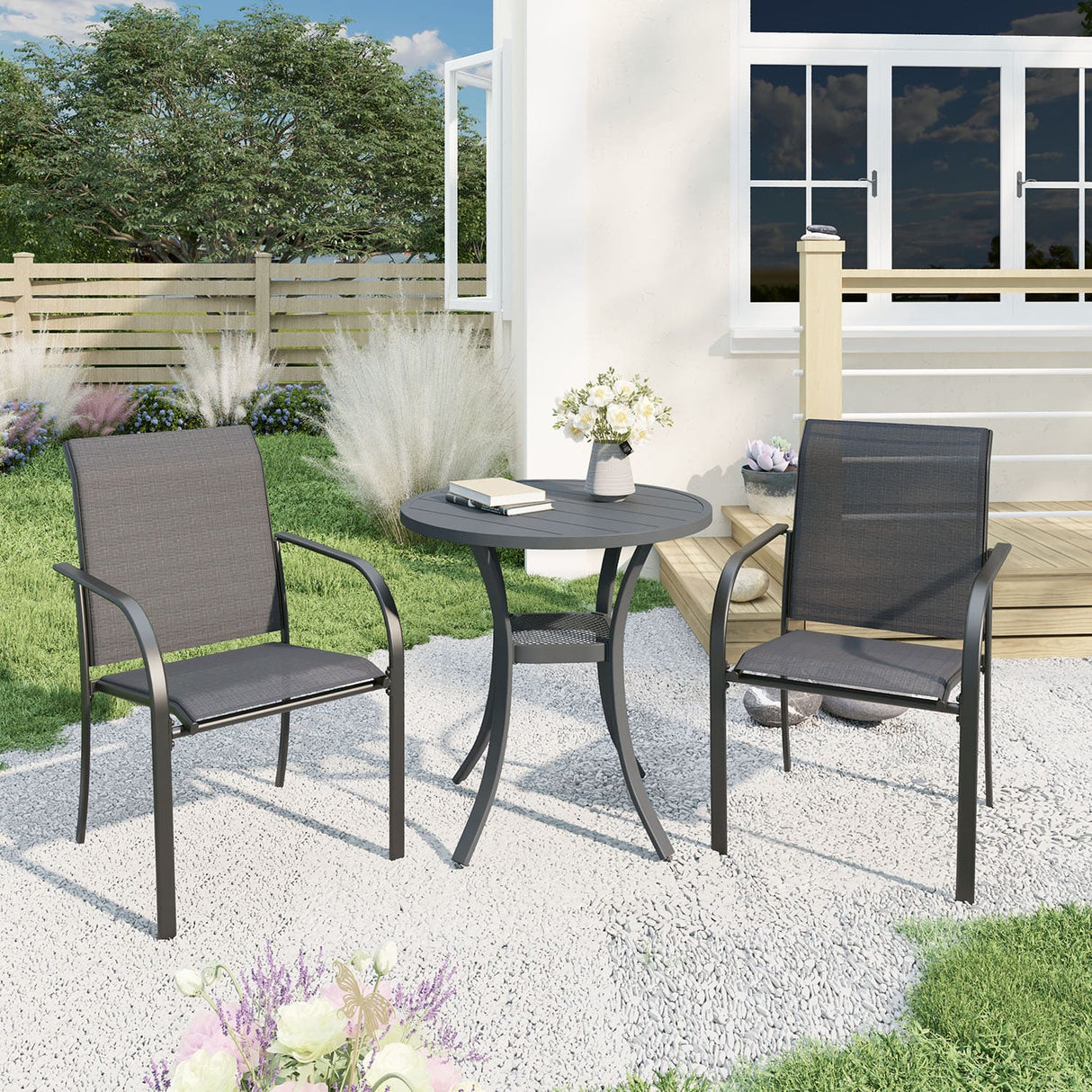 Vicllax 3-Piece Patio Bistro Set, Outdoor Stackable Sling Chairs and Metal Round Table