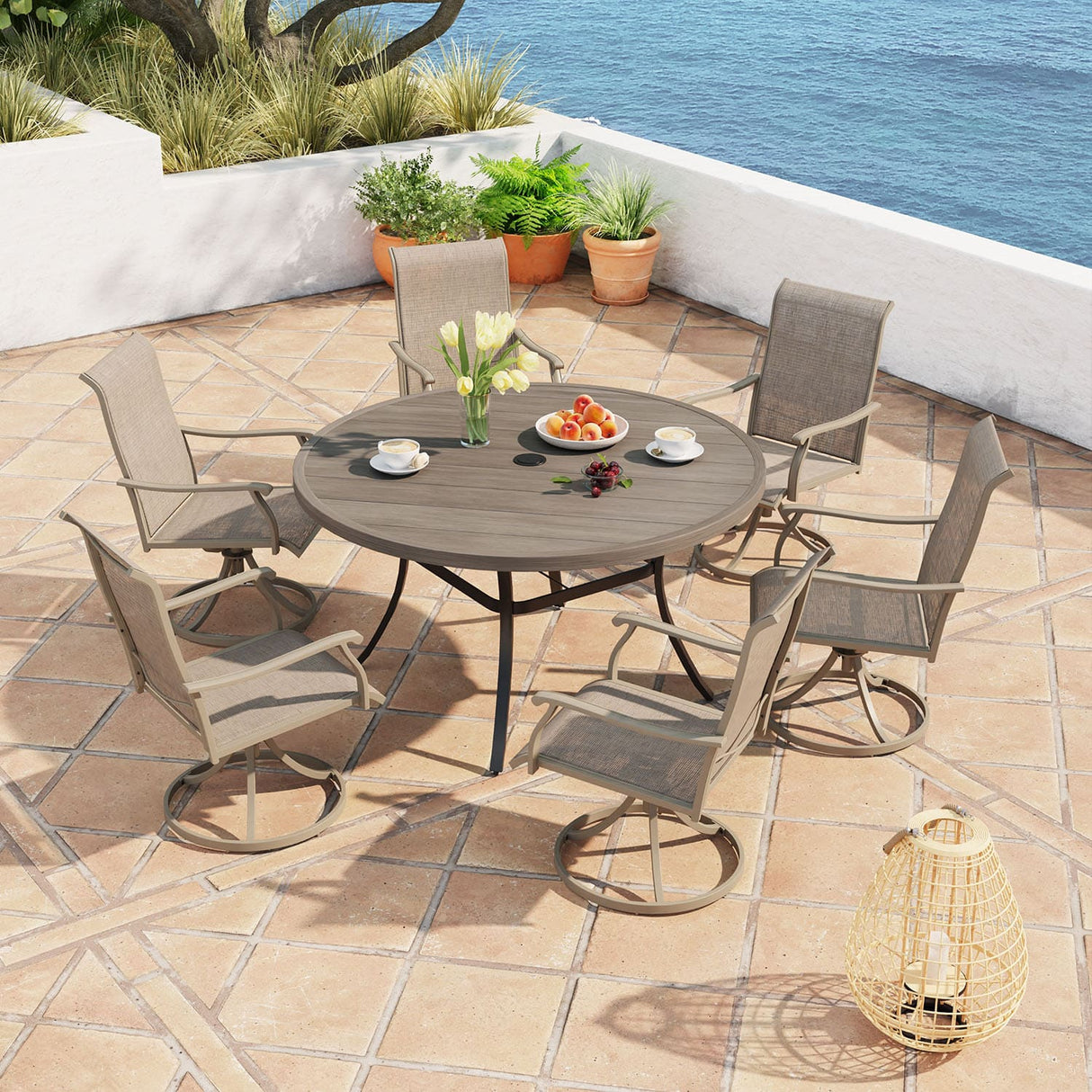 Vicllax 50” / 60" Outdoor Round Metal Dining Table with Umbrella Hole for 6,8