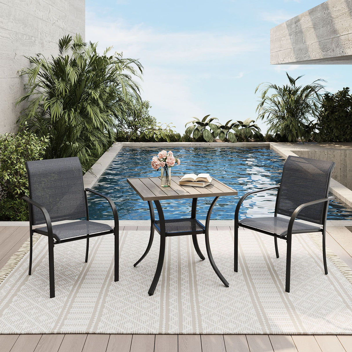 Vicllax 3-Piece Patio Bistro Set, Outdoor Stackable Sling Chairs and Black Metal Square Table