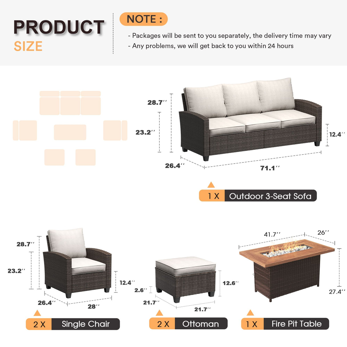 Vicllax Patio Furniture Set, Wicker Outdoor Conversation Set with Cushioned Sofa Chairs Fire Pit Table and Ottomans