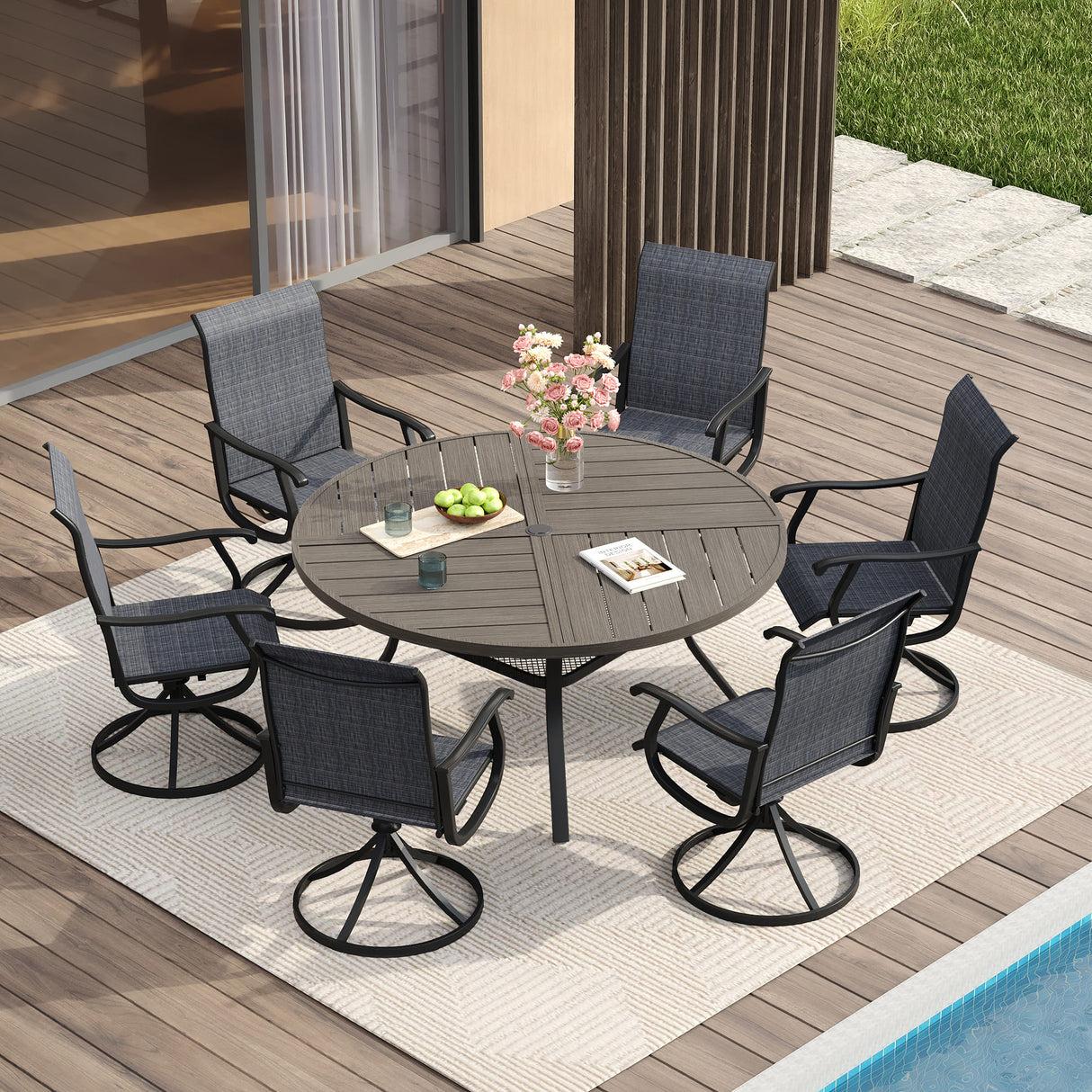 Vicllax 7 Pieces Outdoor Dining Set, 53.1" Metal Round Dining Table and Premium Swivel Chairs