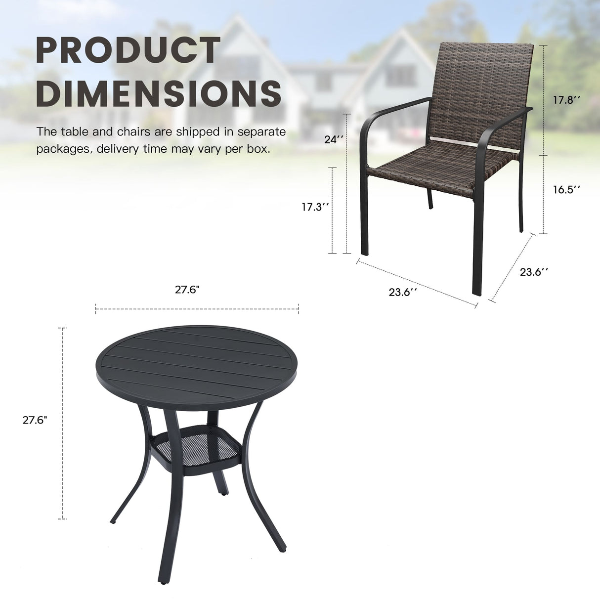 Vicllax 3 Pieces Outdoor Dining Set, 27.6" Outdoor Round dining Table and 2 Stackable Metal Armchair, Bistro Set for Garden, Balcony & Backyard