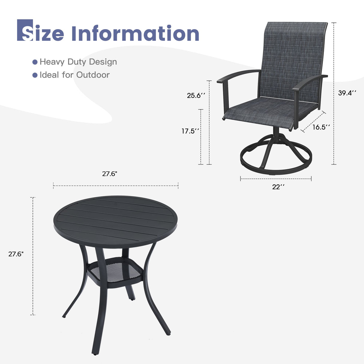 Vicllax 3 Pieces Outdoor Dining Set, 27.6" Round Bar Table and Swivel Chairs