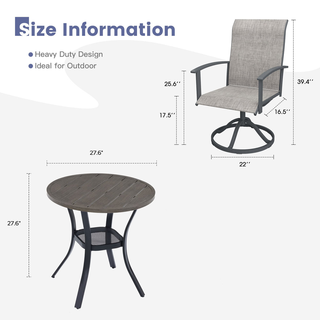 Vicllax 3 Pieces Outdoor Dining Set, 27.6" Round Bar Table and Swivel Chairs
