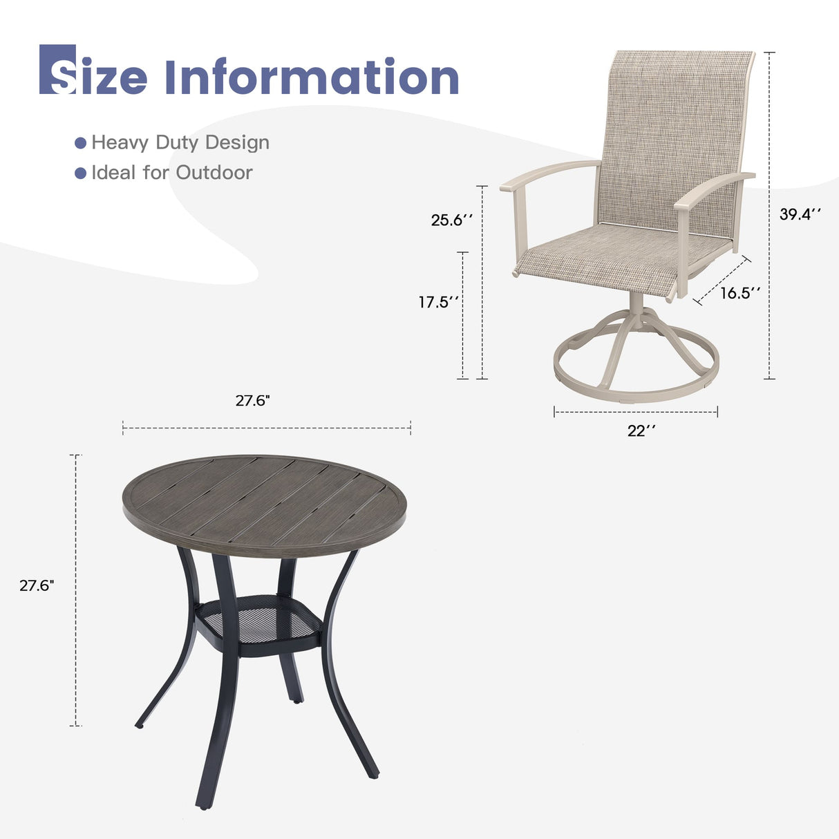 Vicllax 3 Pieces Outdoor Dining Set, 27.6" Round Bar Table and Swivel Chairs