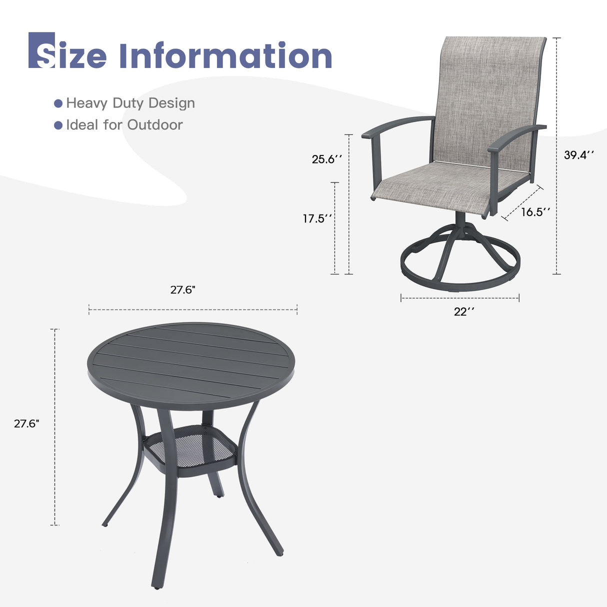 Vicllax 3 Pieces Outdoor Dining Set, 27.6" Round Bar Table and Swivel Chairs