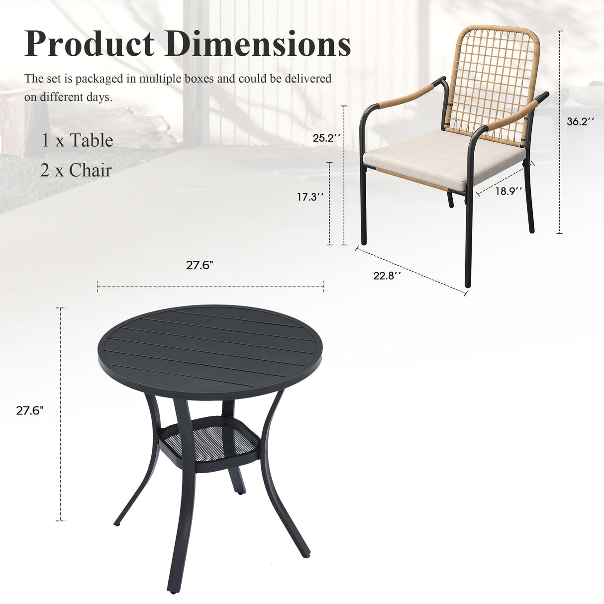 Vicllax 3-Piece Patio Bistro Set, Solana Stackable Chair and 27.6" Metal Round Table