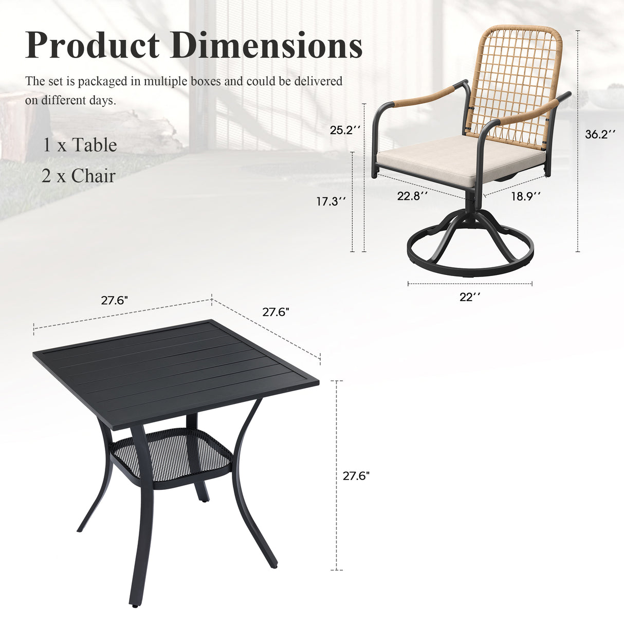 Vicllax 3-Piece Patio Bistro Set, Rope-woven Swivel Chairs and 27.6" Metal Square Table