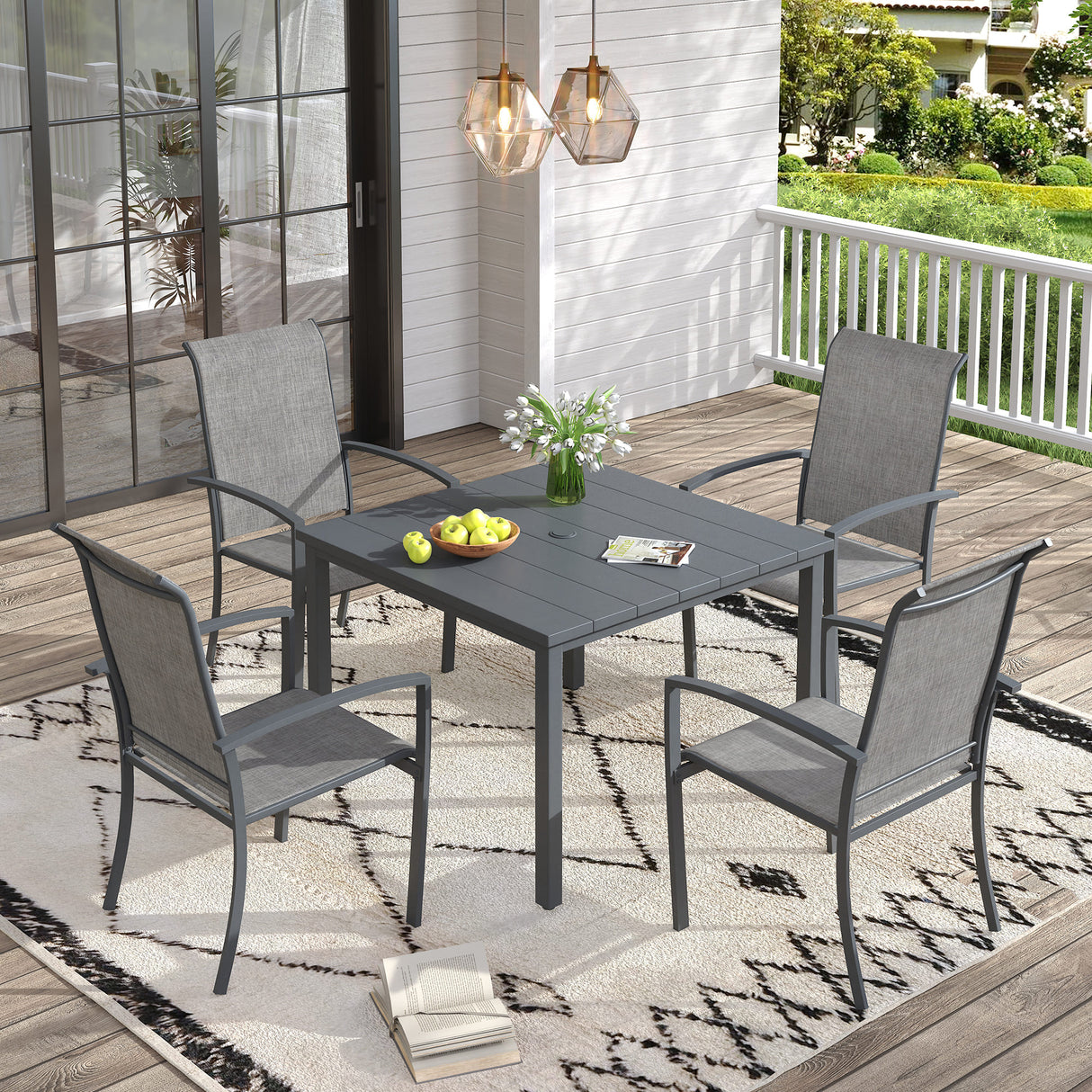 Vicllax 5 Pieces Outdoor Dining Set, Patio Square Metal Table and Skyline Stackable Chair