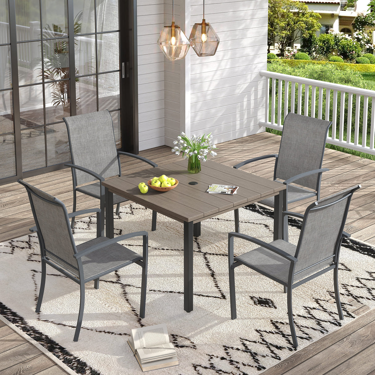 Vicllax 5 Pieces Outdoor Dining Set, Patio Square Metal Table and Skyline Stackable Chair