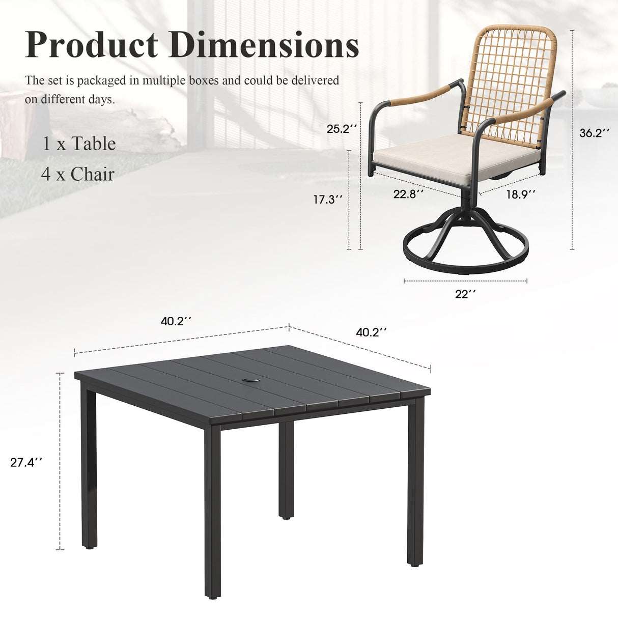 Vicllax 5 Pieces Outdoor Dining Set, Patio Rectangular Metal Table and Solana Swivel Chair