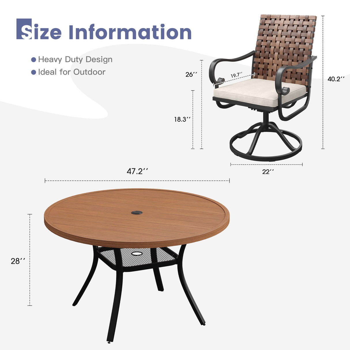 Vicllax 5 PCS Patio Dining Table Set, 47.2" Round Metal Table and Sierra Swivel Chair