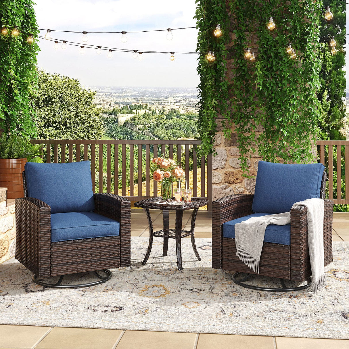 Vicllax 3/5 Pcs Garden Sofa Set, Wicker Outdoor Conversation Set with Sofa Chairs and Ottomans