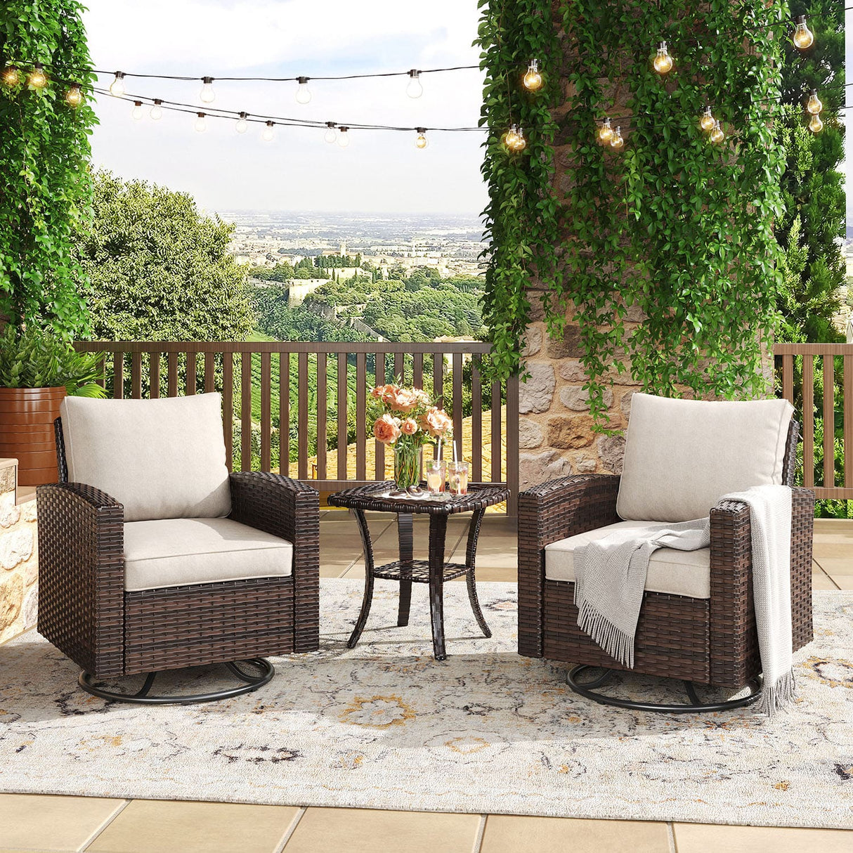 Vicllax 3/5 Pcs Garden Sofa Set, Wicker Outdoor Conversation Set with Sofa Chairs and Ottomans