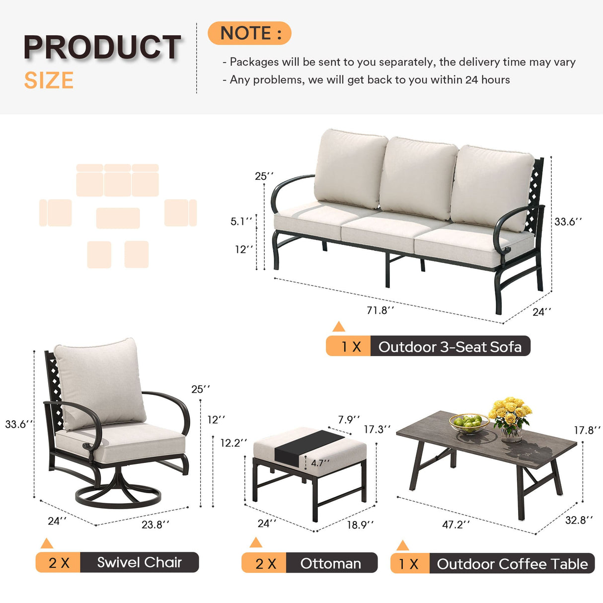 Vicllax Patio Conversation Set with Cushioned Sofa Chairs, Ottomans and Coffee Table